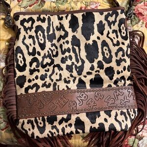 American Darling Leopard Print Crossbody Bag with Brown Fringe
